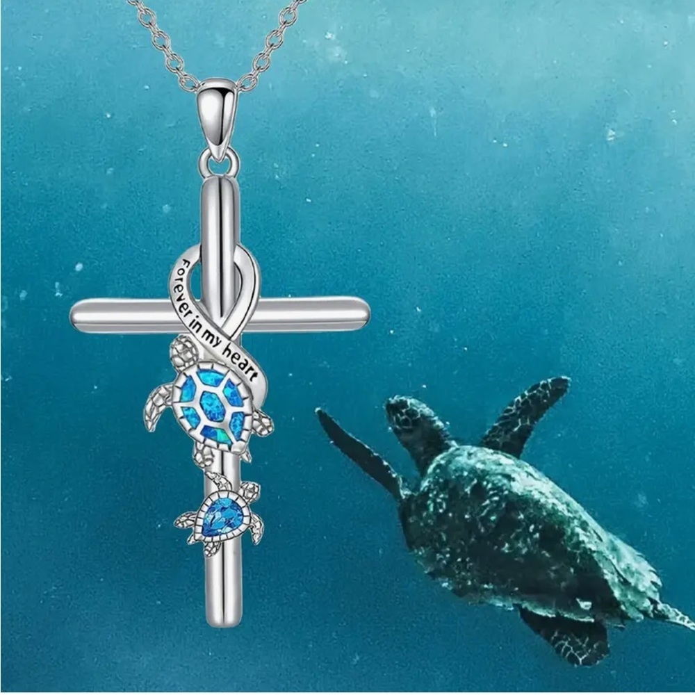 Silver and Blue Turtle Cross Pendant Necklace
